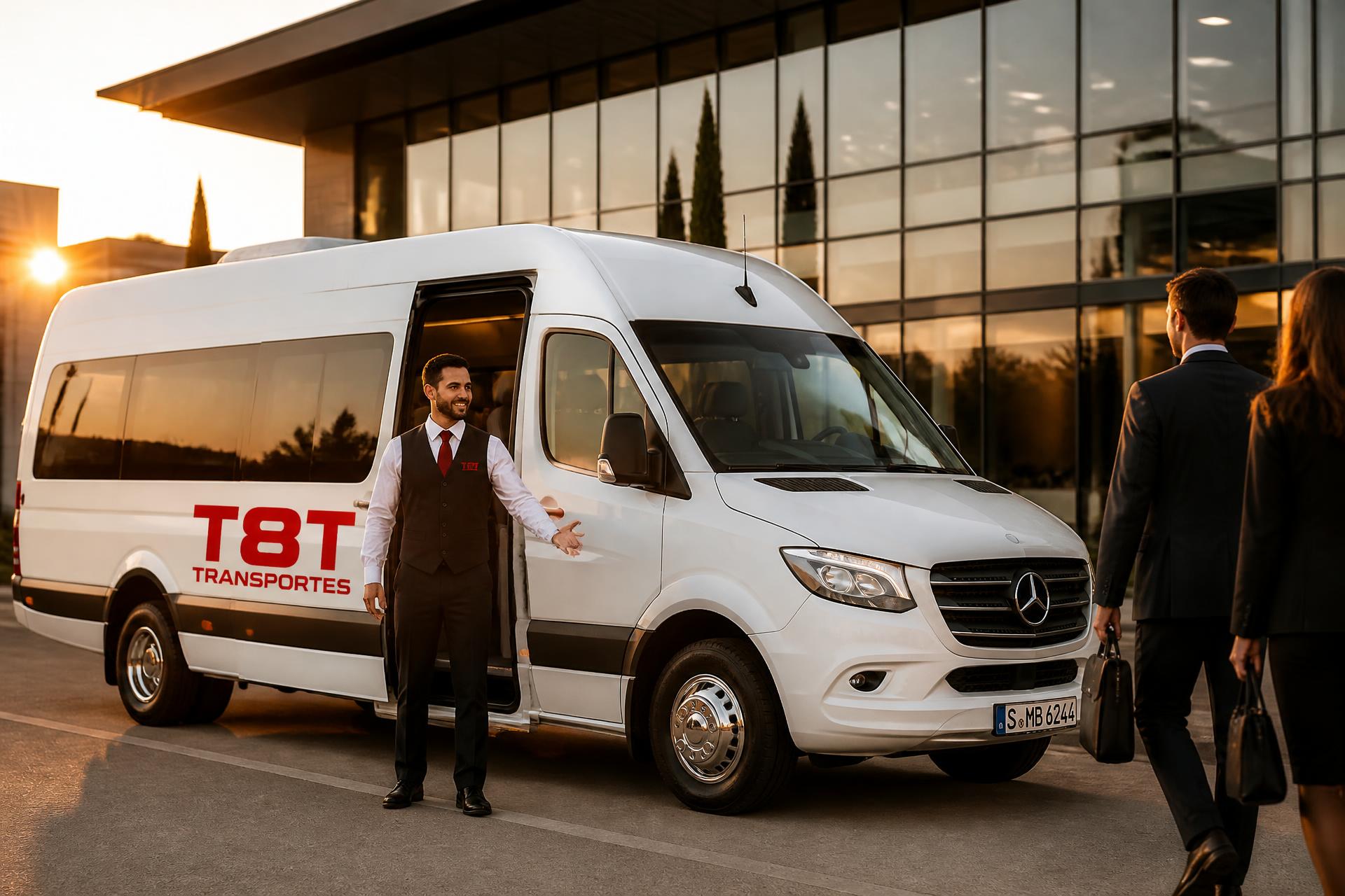 Van executiva T8T Transportes com motorista uniformizado atendendo executivos em Belo Horizonte